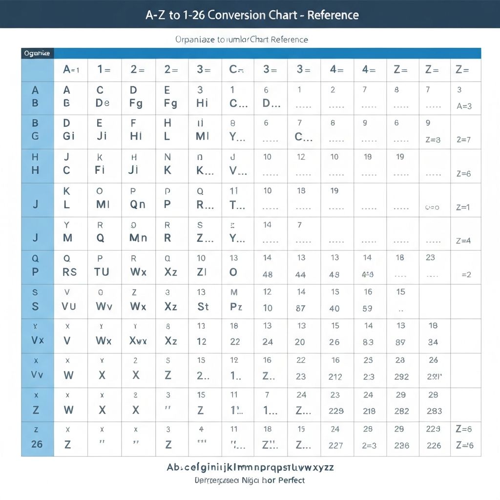 A-Z to 1-26 Conversion Chart - Reference showing complete alphabet to number mapping (A=1 through Z=26)