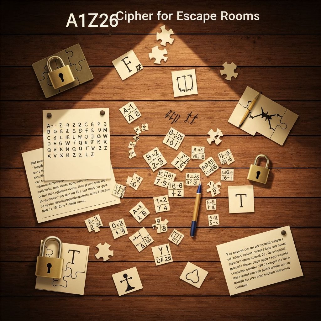 A1Z26 cipher puzzle setup for escape rooms showing numbered alphabet conversion and puzzle clues