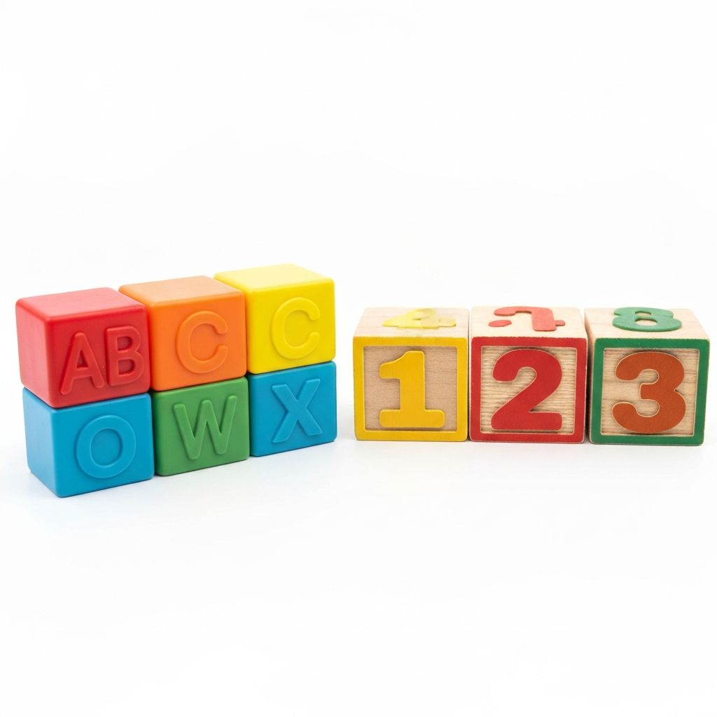 Colorful ABC alphabet blocks next to 123 number blocks