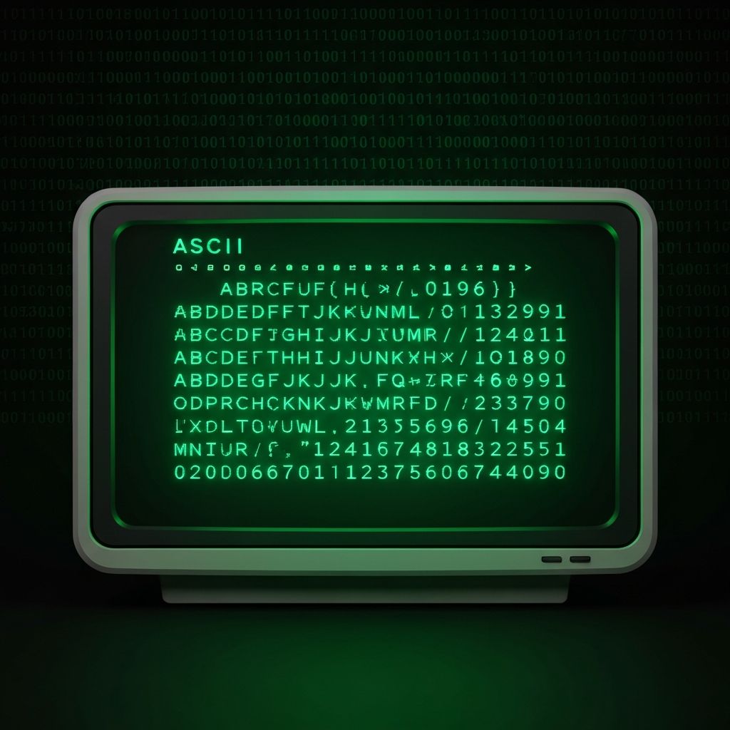 ASCII character encoding table showing letters converted to binary and decimal numbers