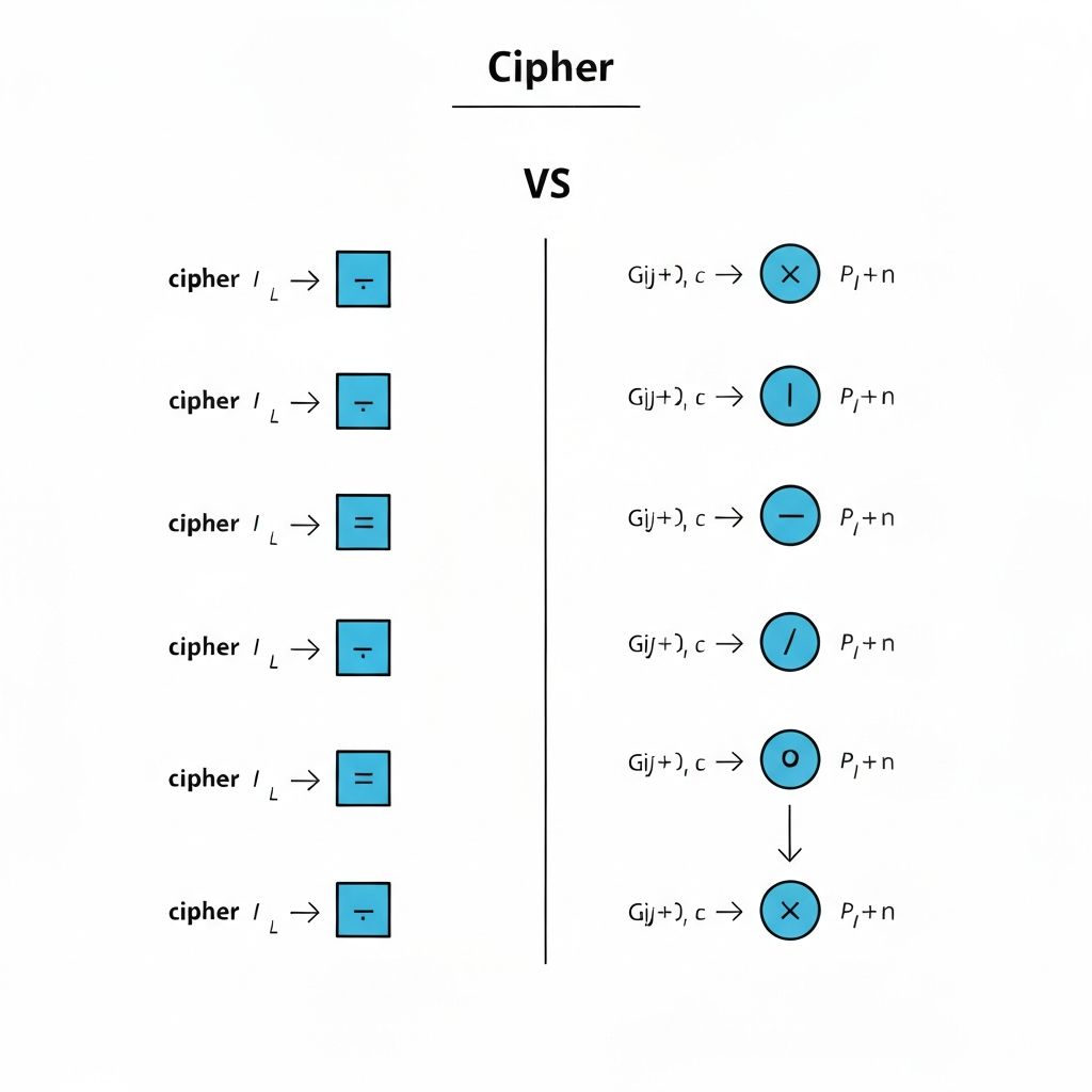 Side by side comparison chart showing different cipher types and their encoding methods