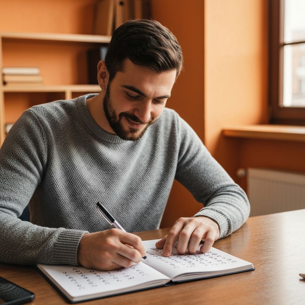 Person practicing decoding different letter number ciphers with notebook and reference chart
