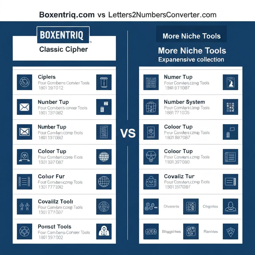 Boxentriq.com vs Letters2NumbersConverter.com comparison showing cipher solving tools and conversion capabilities of both platforms