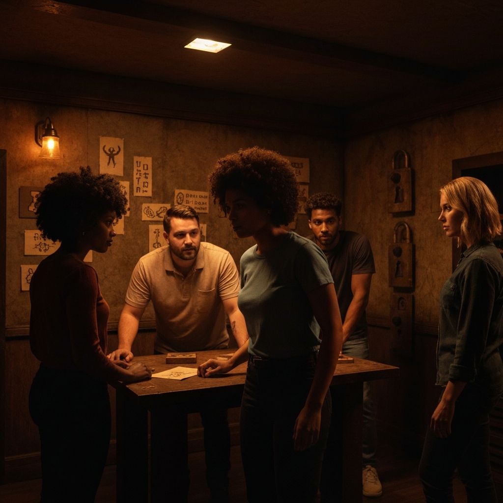 People solving puzzles in an escape room with ciphers and clues