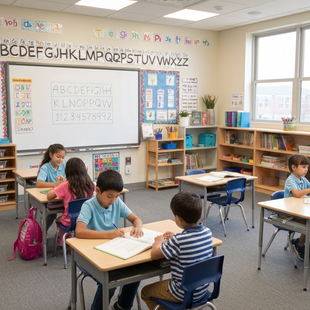 Classroom setting with students learning letter-number conversions