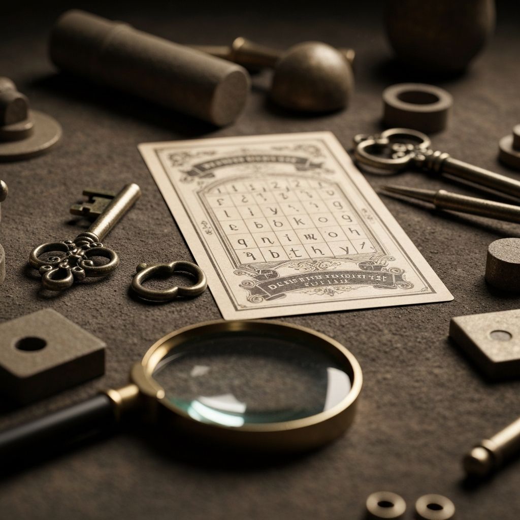 Written clue card with letter substitution puzzle and escape room props