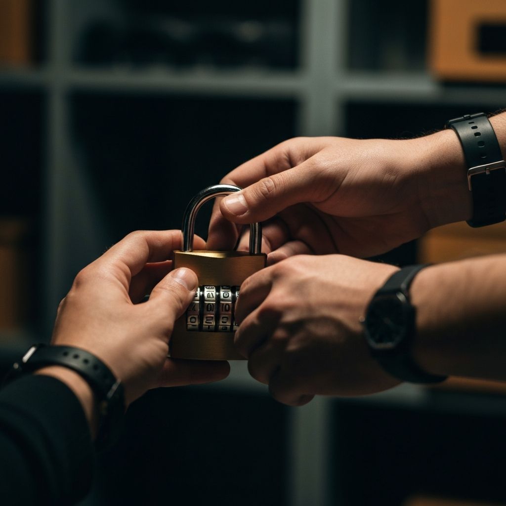 Close-up of combination padlock being solved in an escape room setting