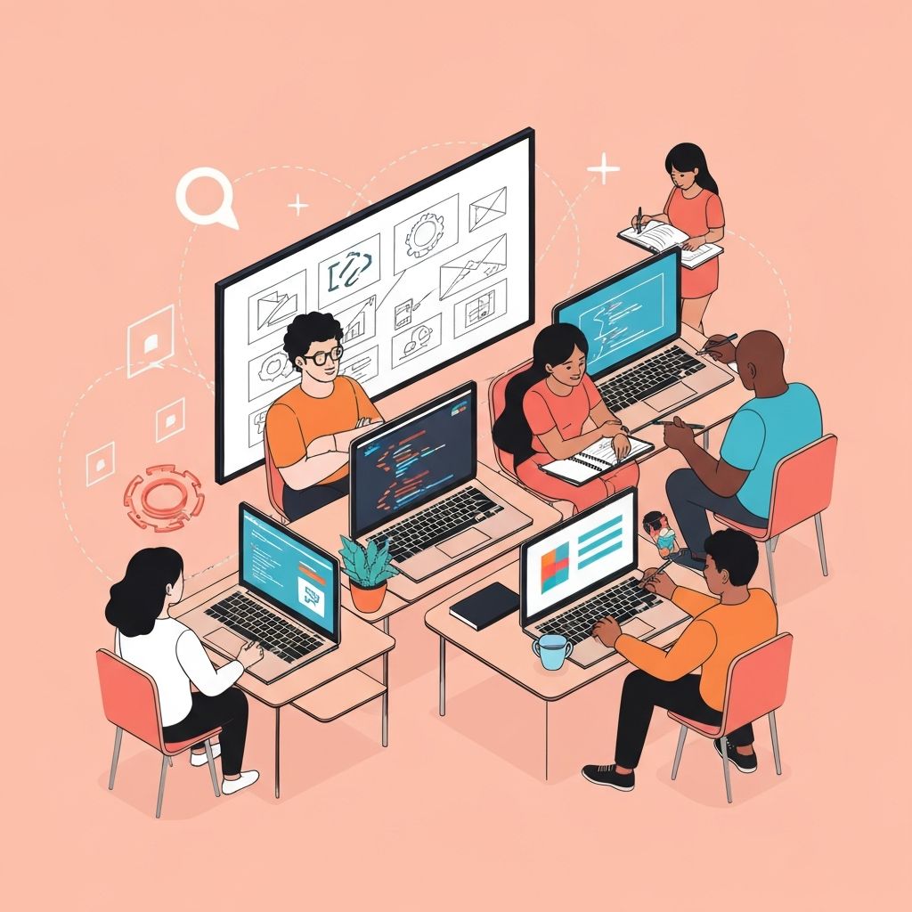 Diverse group of developers and designers collaborating on hackathon project with laptops and whiteboards