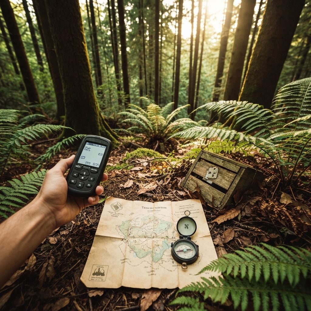 Geocaching adventure scene with GPS device and treasure map in forest