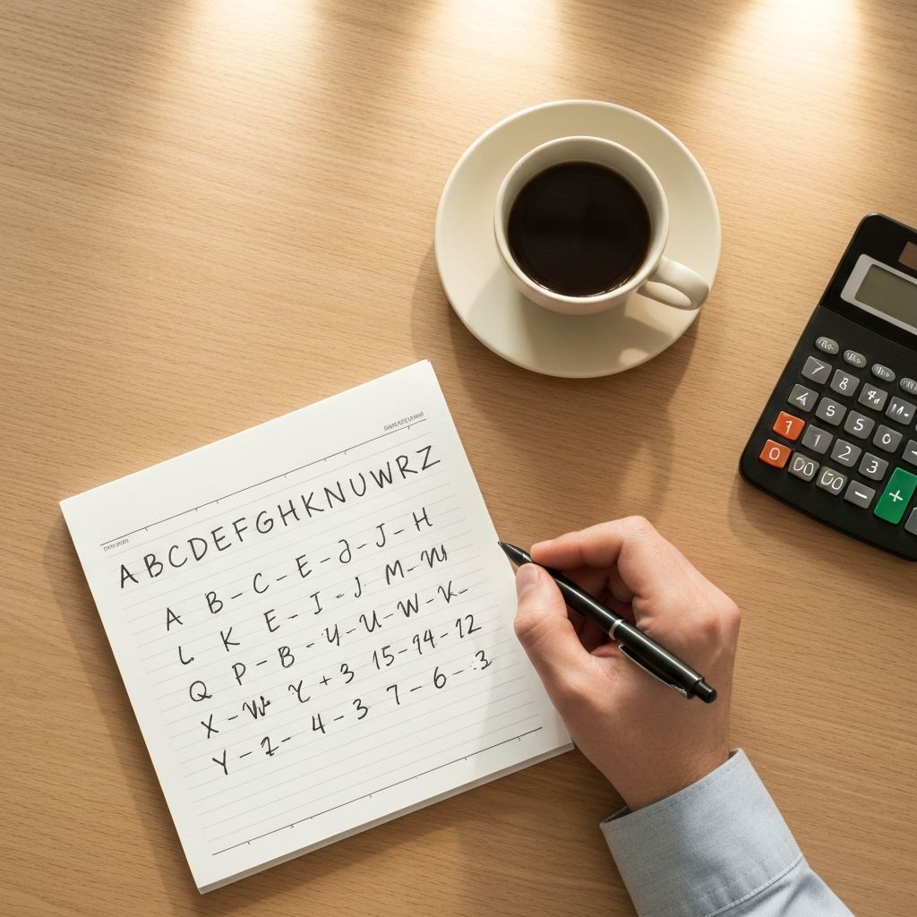 Hand writing letter-to-number conversion calculations on paper