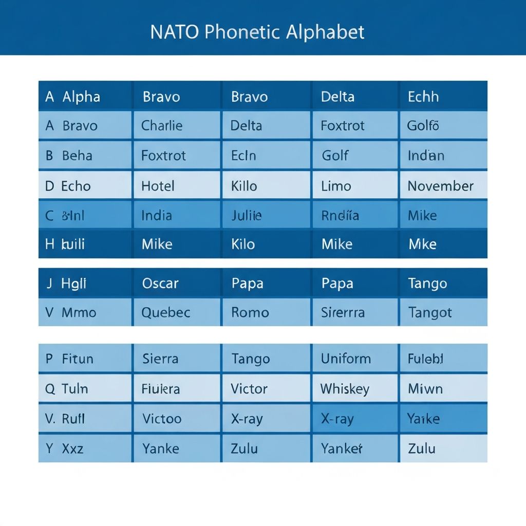 NATO phonetic alphabet chart showing all 26 letters with their phonetic word equivalents