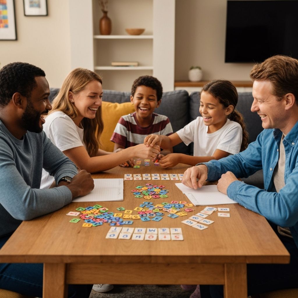 Family playing word games with colorful letter and number tiles