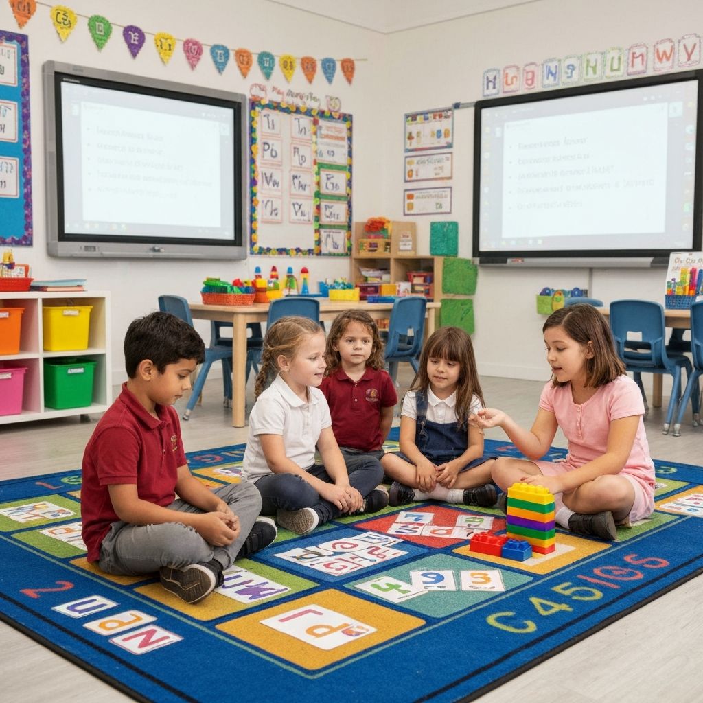 Children learning alphabet with number associations in a bright educational setting