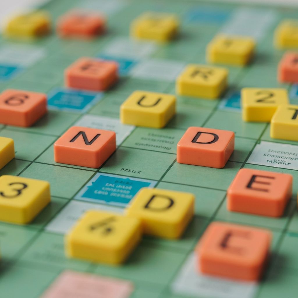 Close-up of Scrabble-style letter tiles and number tiles on game board
