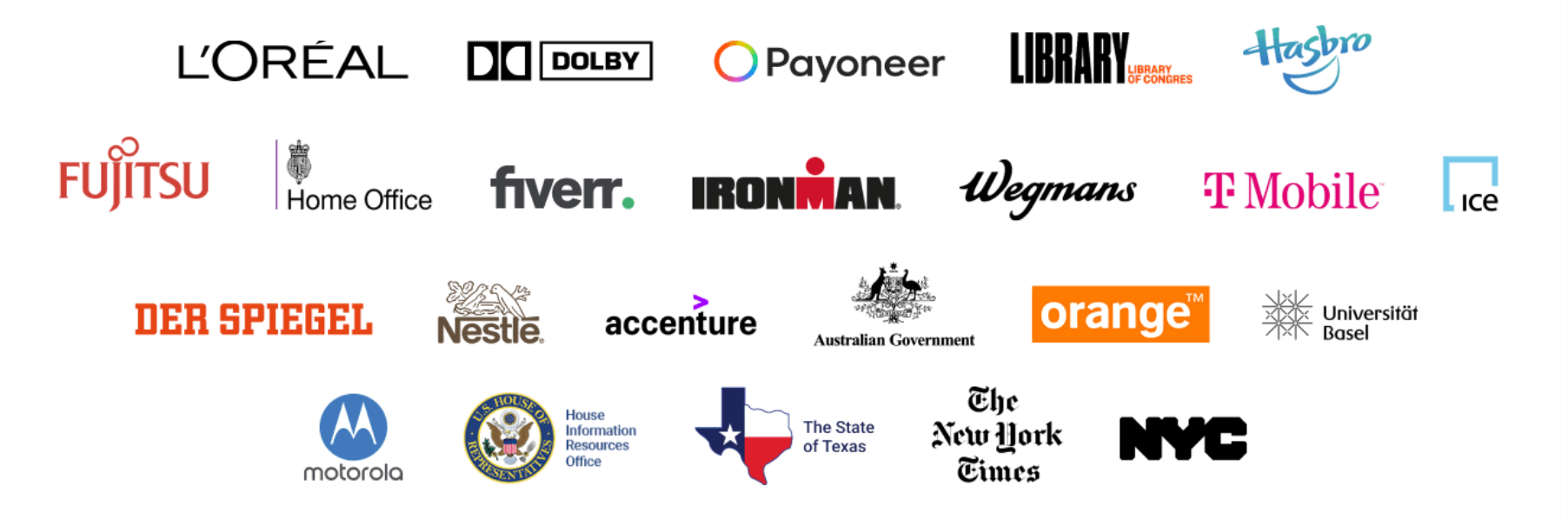 Companies that trust our tools: L'Oreal, Dolby, Payoneer, Library of Congress, Hasbro, Fujitsu, Home Office, Fiverr, Ironman, Wegmans, T-Mobile, ICE, Der Spiegel, Nestle, Accenture, Australian Government, Orange, Universität Basel, Motorola, US House, The New York Times, and NYC